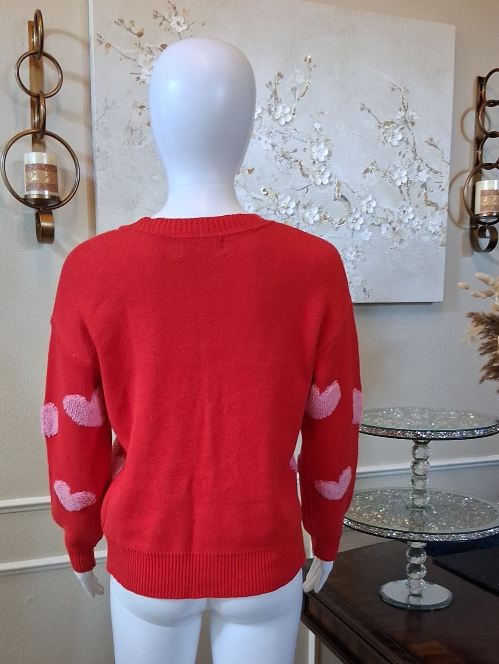 New Women's Heart Print V-neck Red And Pink Oversize Knit Glam Cardigan XXS - Picture 11 of 17